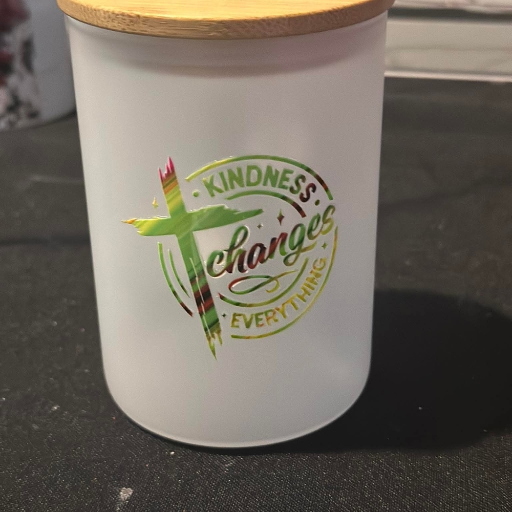 White Jar with Bamboo Lid and Inspirational Text